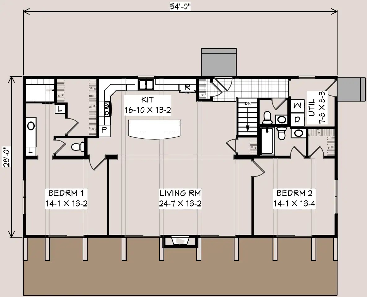 Aspen A floor plan, 54 feet by 28 feet